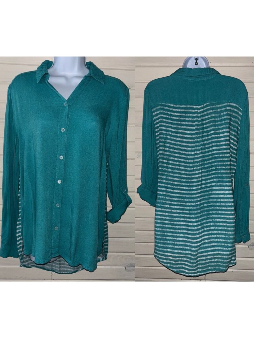 CHICOS Sz 1 (MEDIUM) Teal Green Breakout Stripes Blouse Roll Tab Sleeves EUC
